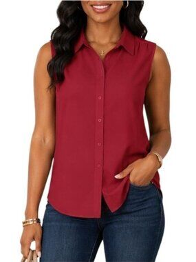 Rooscier Size Small Top Button Down Sleeveless V-Neck Wine Red Ruched Stylish